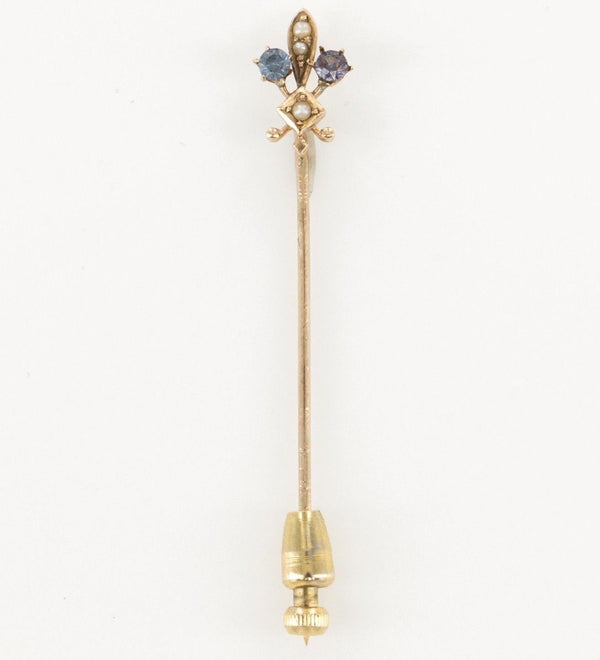 14 KT Gold Amethyst Seed Pearl Stick Lapel Pin Brooch