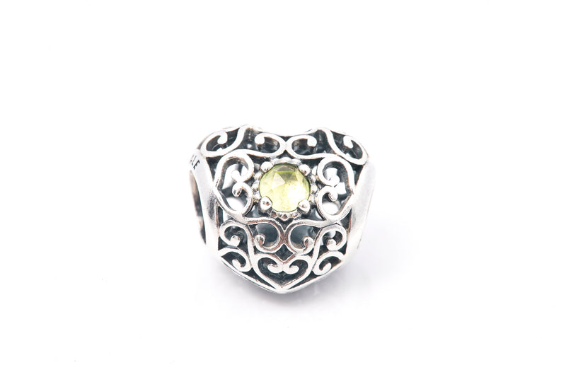 Pandora Sterling Silver August Signature Heart Peridot ALE S925 Charm Pendant