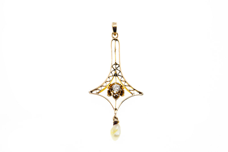 Masonic Plumb Flower Diamond & Pearl Charm 10K 417 Yellow Gold Pendant