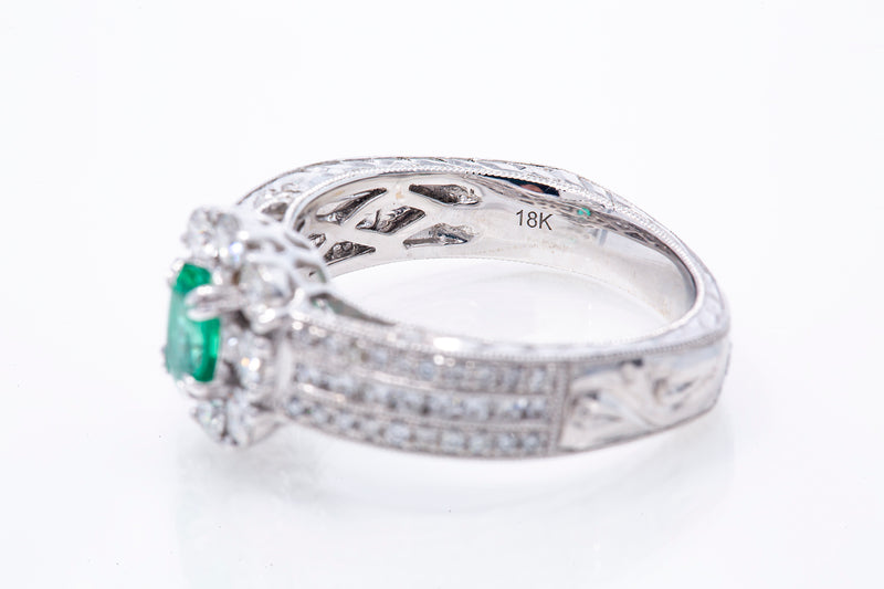Bright Natural Oval Emerald Gemstone w/ Diamond Halo Accent 18k 750 White Gold Ring Sz 7