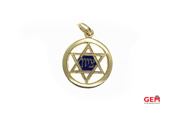 AA Star Of David Kabbalah Yiddish Prayer Psalm Blue Enamel Charm Solid 14K 585 Yellow Gold Pendant