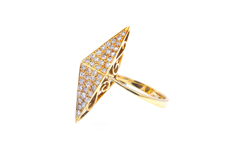 Hand Made Geometric Pyramid Unique Diamond Cocktail 18k 750 Yellow Gold Ring Size 6.5