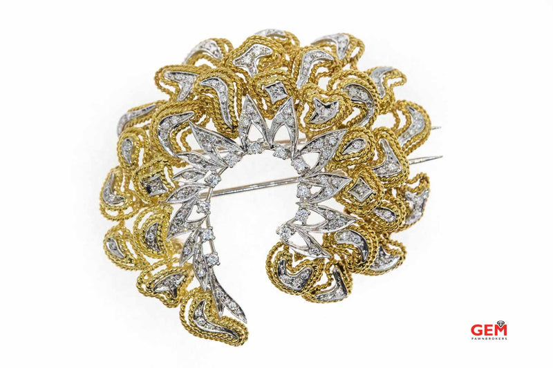 Diamond Cluster Wreath 18K 750 Yellow & White Gold Brooch