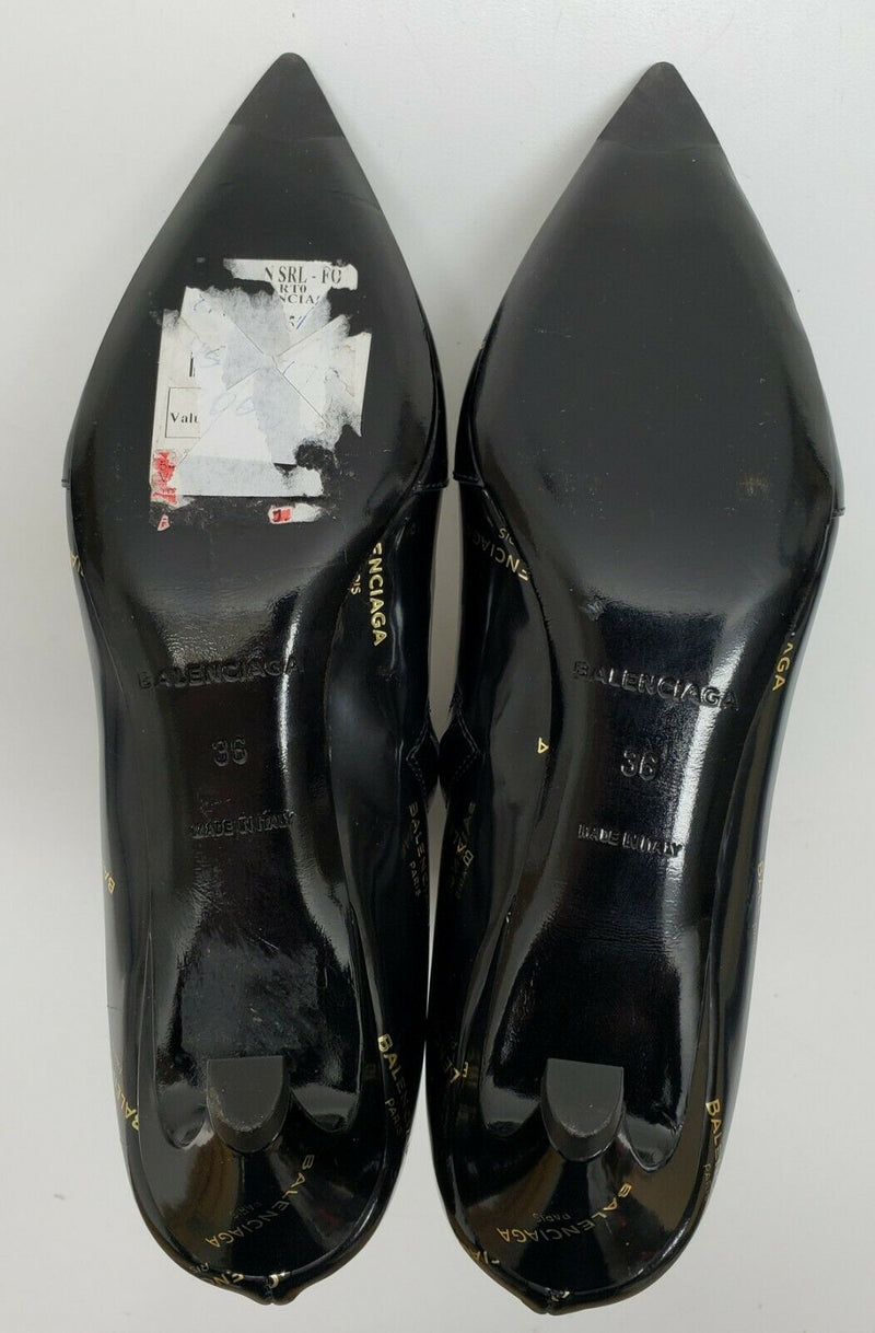 Balenciaga Black Patent Logo Print Curved Heel Bootie | Size 5.5 US, 36 EUR