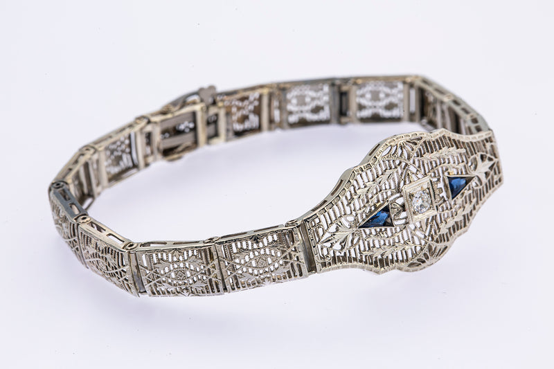 Estate Deco Filigree Sapphire & Diamond Floral 14K 585 White Gold Bracelet