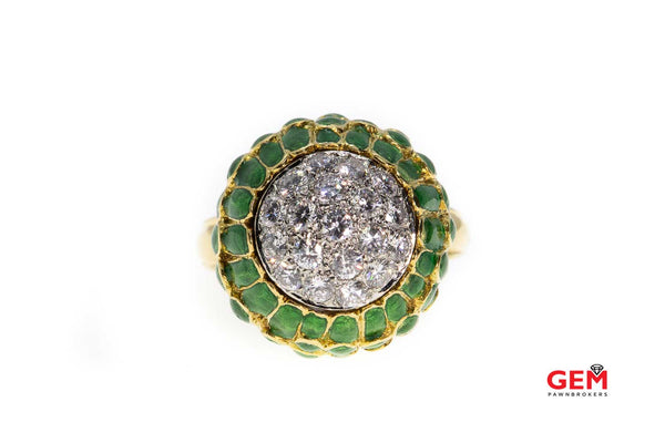 Green Enamel & Diamond Bauble Cocktail Dome 18K 750 Yellow Gold Ring Size 8 1/4