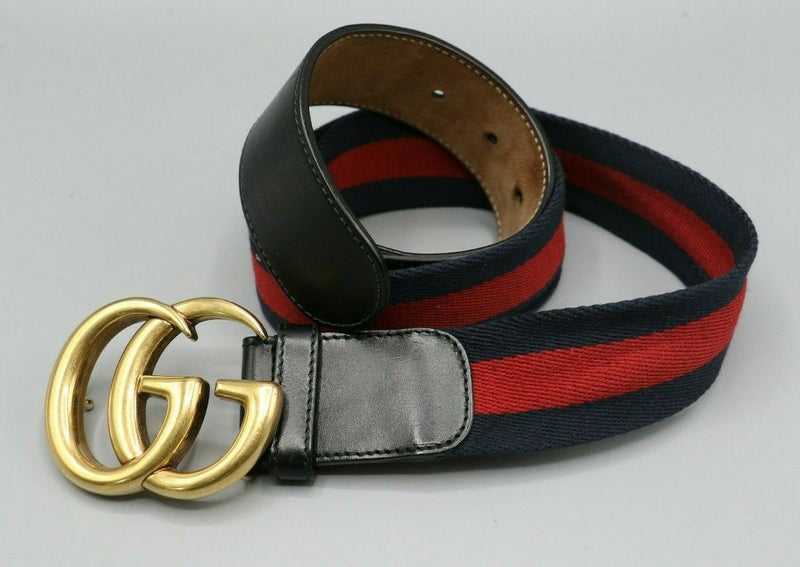 Gucci Gold GG Canvas Webbing Belt w/ Black Leather Sz 85/34