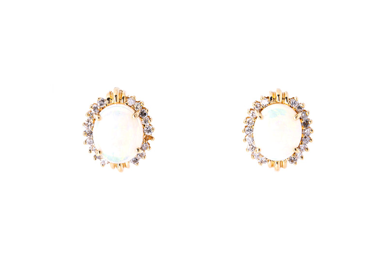 Cabochon Opal & Diamond Halo Accent Studs 14K 585 Yellow Gold Pair of Earrings