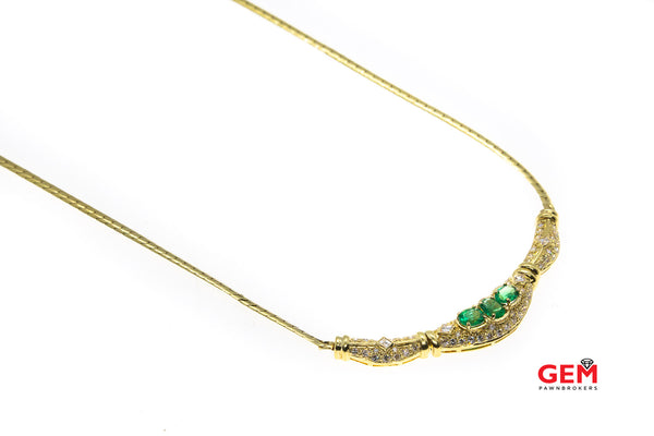 Natural Oval Emerald 2.3mm Thin Omega Chain Link Diamond Accent 18K 750 Yellow Gold 16.5" Necklace