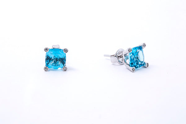 Natural Blue Topaz & Diamond Accent 14K 585 White Gold Pair of Earrings