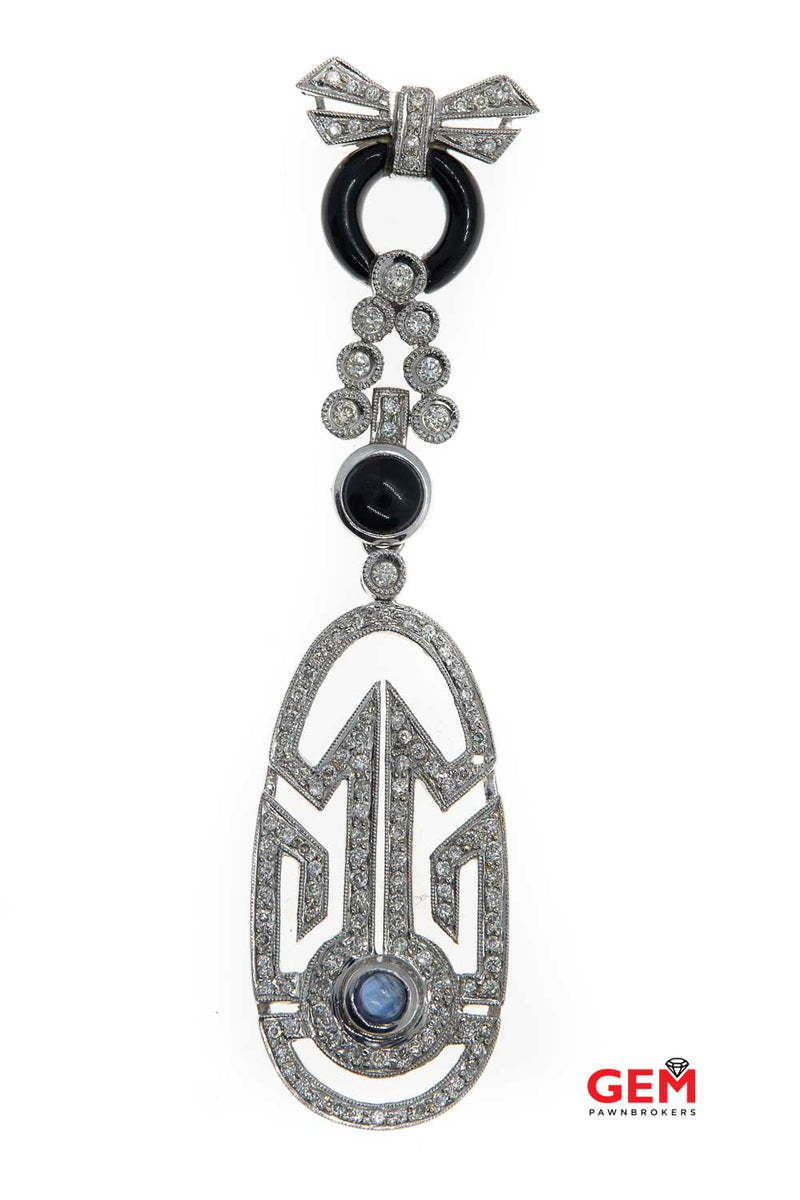 Deco Look White Gold 18k 750 Sapphire Diamond Black Onyx Drop Pendant Charm