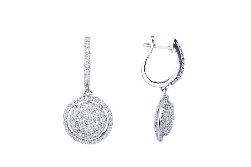 Diamond Pave Cocktail Cluster Disc Drop 18K 750 White Gold Pair of Earrings