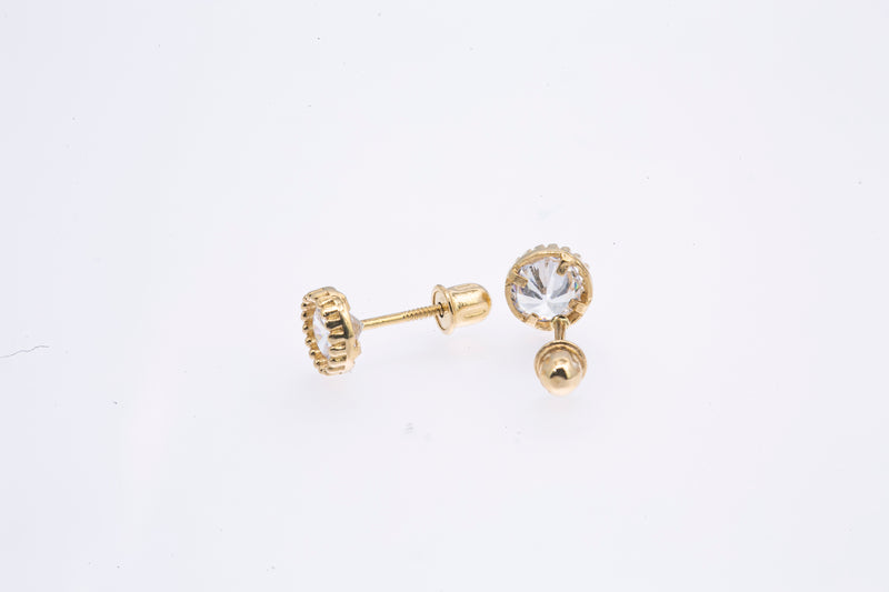 Milgrain Line Set Cubic Zirconia 5mm Studs 14K 585 Yellow Gold Pair of Earrings