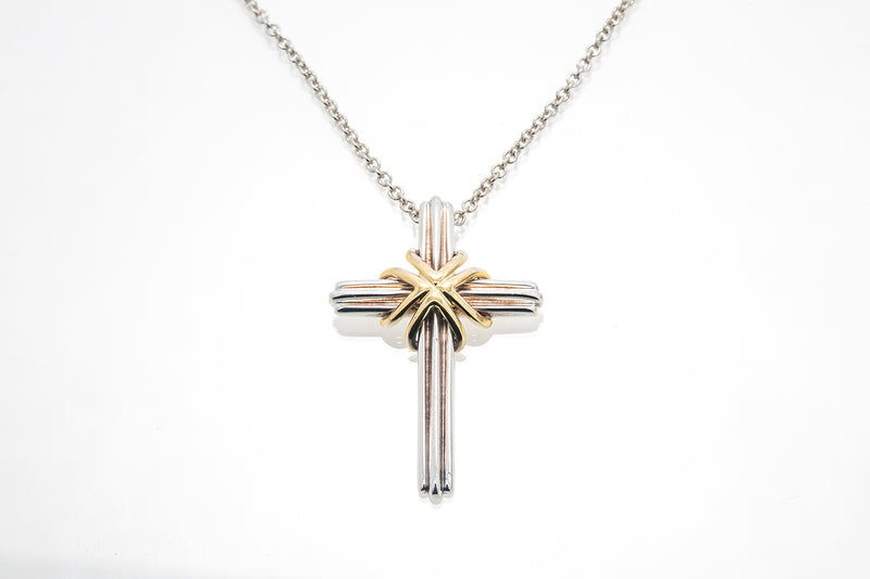Tiffany & Co Religious Cross 925 750 Sterling Silver & Yellow Gold Chain Pendant