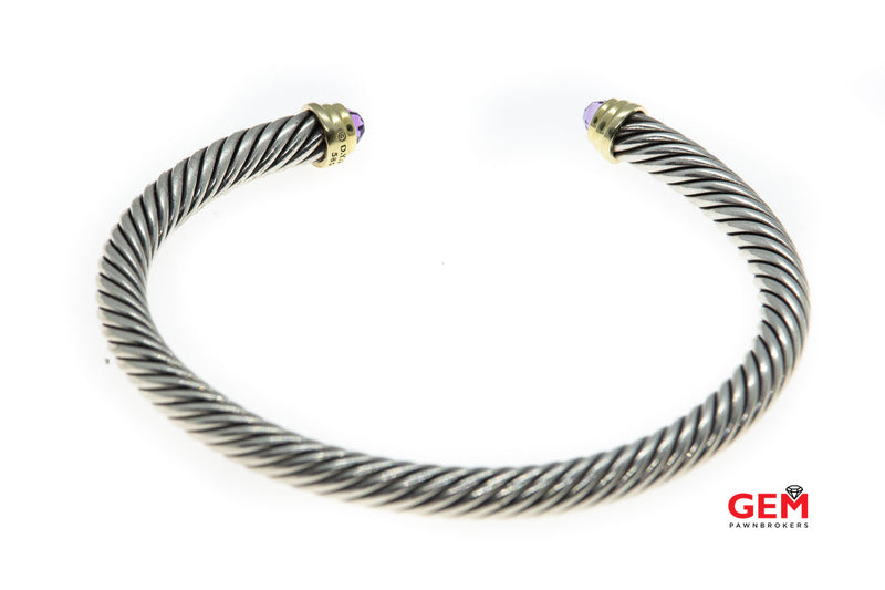 David Yurman Cable Classics 5mm Cuff Amethyst 925 Sterling Silver & 14K 585 Yellow Gold Accent Open Bangle 5.75" Bracelet