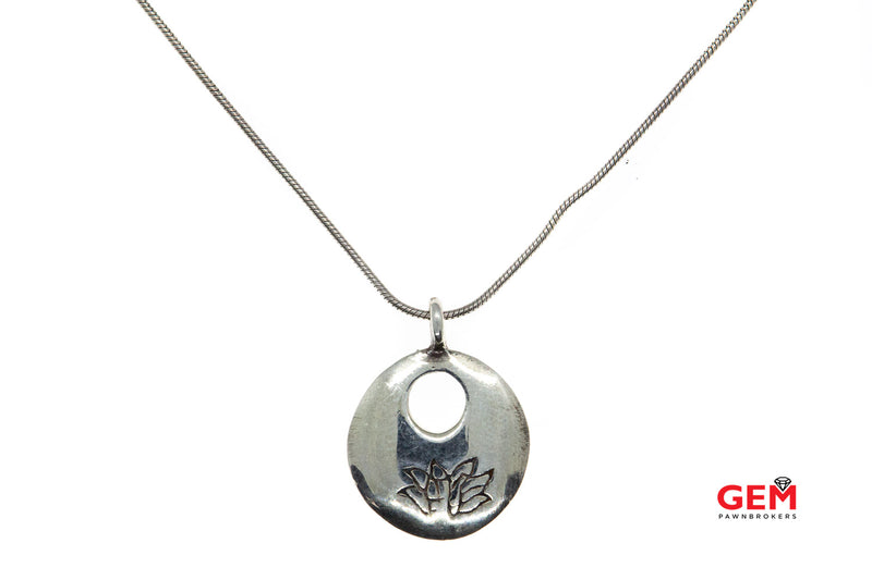 Satya Snake Link Chain Round Lotus Flower Engraved Pendant 925 Sterling Silver 16.4" Necklace