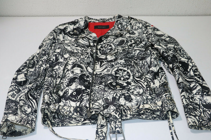 Gucci Print White/Black Multi Print Leather Biker Jacket Size 56