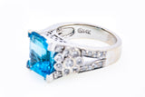 Natural Blue Topaz & Diamond Cathedral 14K 585 White Gold Ring Size 6 1/2