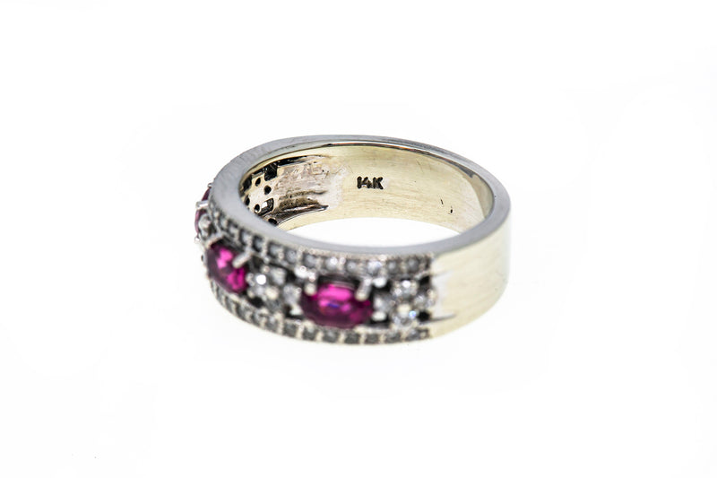 Pink Tourmaline & Diamond Cluster Band 14K 585 White Gold Ring Size 7