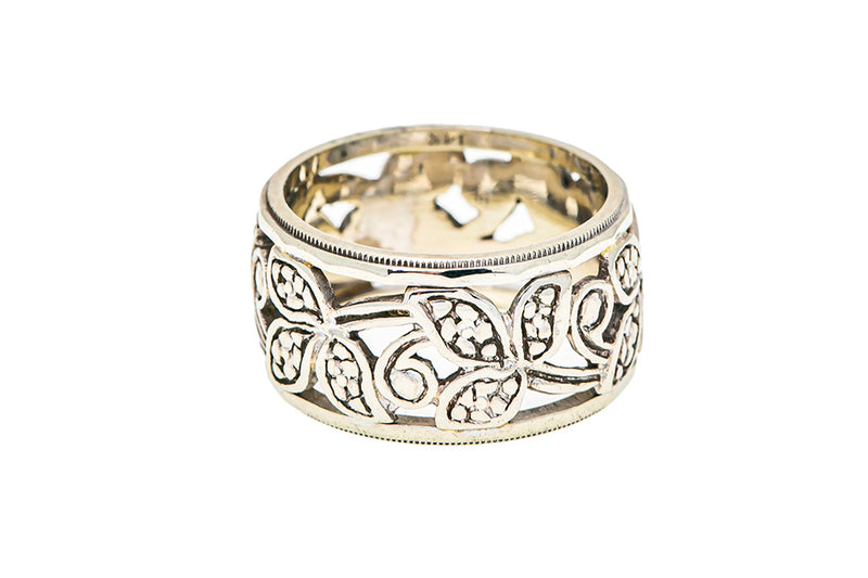 Milgrain Accent Floral Filigree 10mm Wide Band 14K 585 White Gold Ring Sz 6 3/4