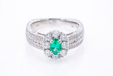 Bright Natural Oval Emerald Gemstone w/ Diamond Halo Accent 18k 750 White Gold Ring Sz 7