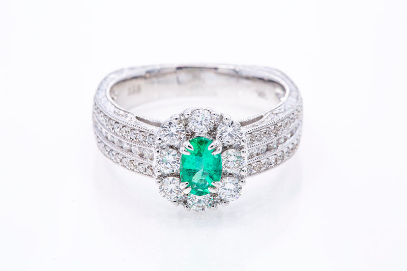Bright Natural Oval Emerald Gemstone w/ Diamond Halo Accent 18k 750 White Gold Ring Sz 7