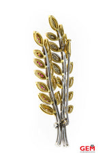 18 KT Yellow White Gold Sapphire Diamond Leaf Nature Lapel Pin Brooch