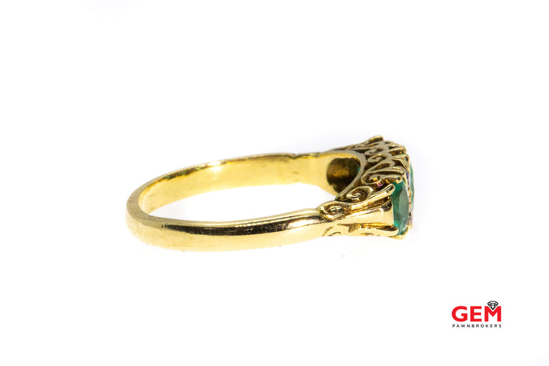 Vintage Birmingham Steele & Dolphin Natural Emerald & Diamond filigree Accent 18K 750 Yellow Gold Ring Size 7