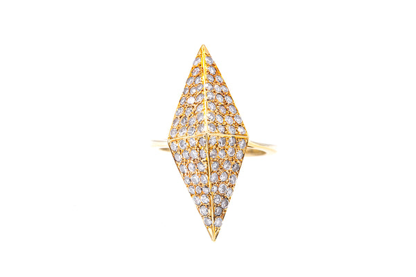 Hand Made Geometric Pyramid Unique Diamond Cocktail 18k 750 Yellow Gold Ring Size 6.5