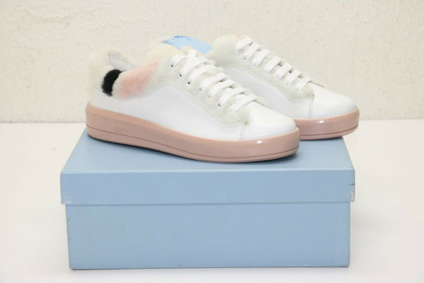Prada: White/Pink Shearling low-top Sneakers Sz:36
