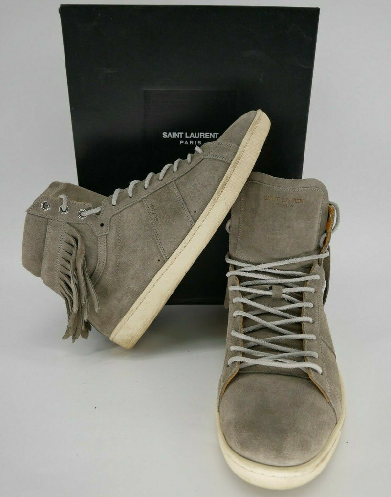 Saint Laurent Men's Gray Suede & Leather Fringe High Top Sneakers Size 42/9