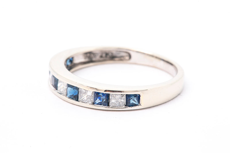 Channel Set Diamond & Blue Sapphire Wedding Band Ring Stackable 10k White Gold