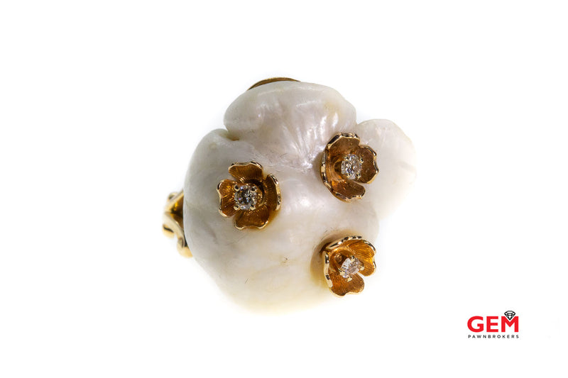 Baroque Pearl Diamond Flower Ring Size 5 14k 585 Yellow Gold