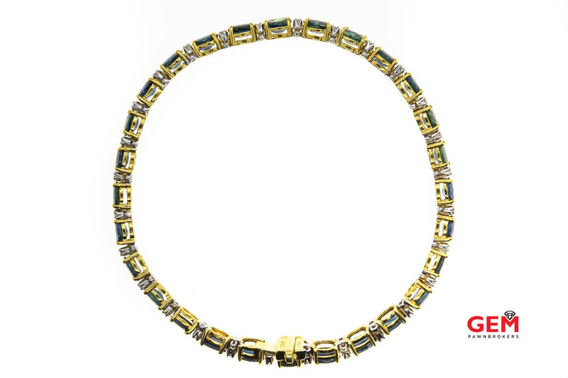 Blue Oval Sapphire & Diamond Tennis 18K 750 Gold Bracelet