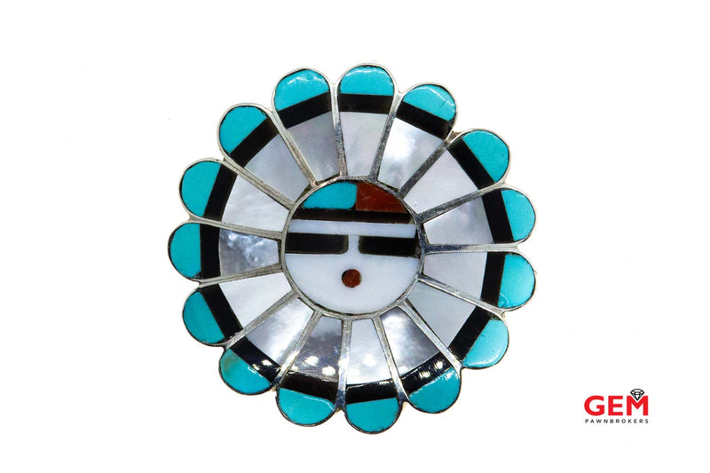Navaho JM Zuni Sunface Kachina Multi Gemstone Inlay Channel Set Turquoise Onyx Carnelian Brooch Charm 925 Sterling Silver Lapel Pin Convertible Pendant