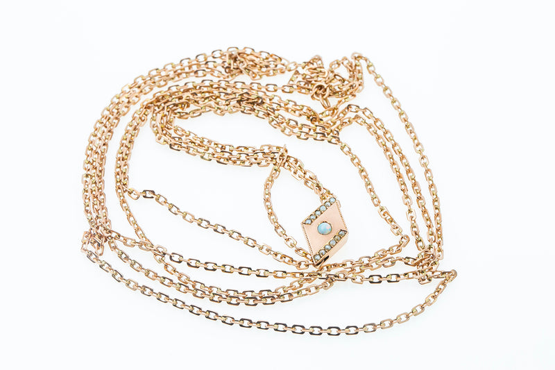 Victorian 8k 333 Rose Gold Seed Pearl & Opal Slide Necklace Chain 52"