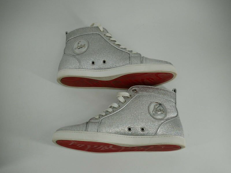 NIB LOUBOUTIN BIP BIP SILVER ORLATO FLAT LUREX LEATHER HI TOP SNEAKERS 41