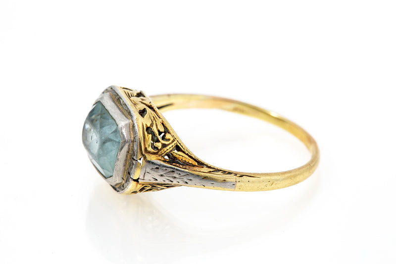 Antique Aquamarine Bezel Set Cocktail 14k 585 Two Tone Ring Size 6 WORN