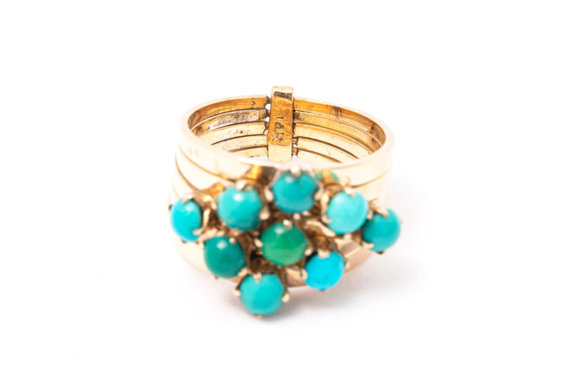 Antique 5 Row Stackable Turquoise Band Ring 14k 585 Yellow Gold