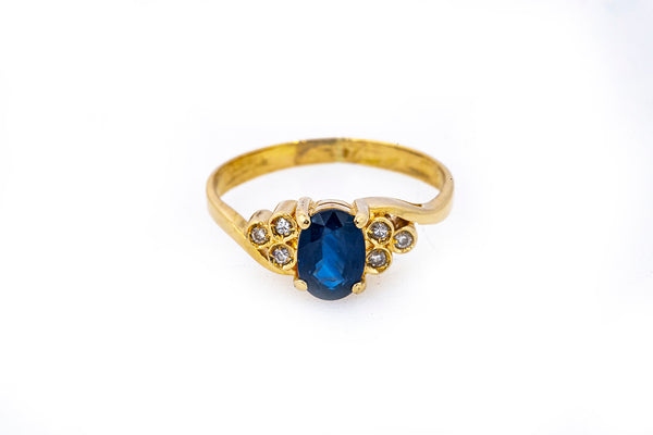 Natural Sapphire & Diamond Accent Band 18K 750 Yellow Gold Ring Size 6