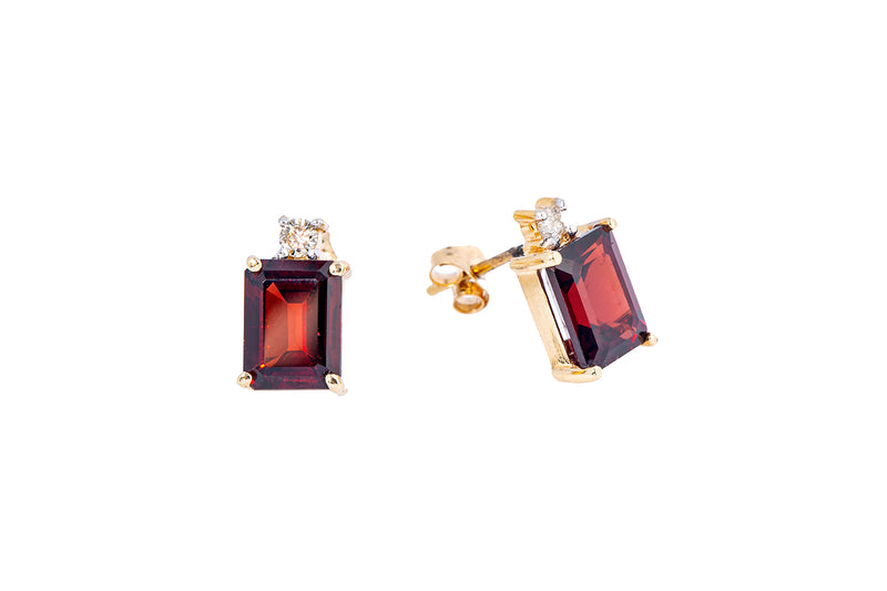 Natural Emerald Cut Red Garnet & Diamond Stud 14K 585 Yellow Gold Pair Earrings