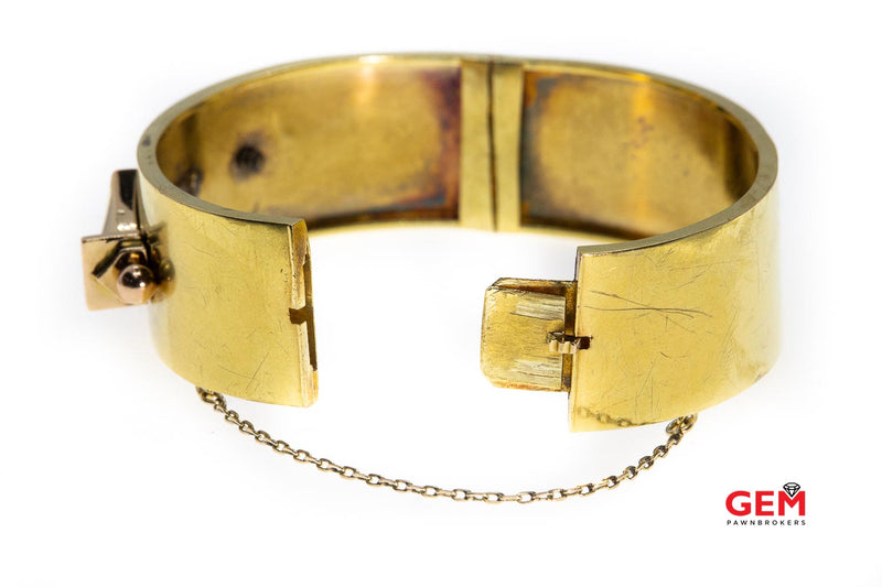 Etruscan Revival Wide 4mm Pearl Lock Bangle 14K 585 Yellow Gold Bracelet