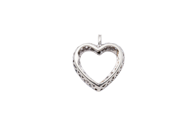 Estate Diamond Open Heart Love Charm 14K 585 White Gold Drop Pendant