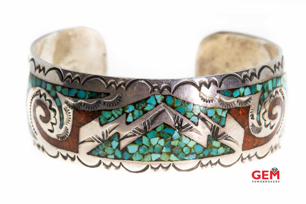 Navajo Open Cuff Turquoise & Coral Inlay 925 Sterling Silver Bangle Bracelet