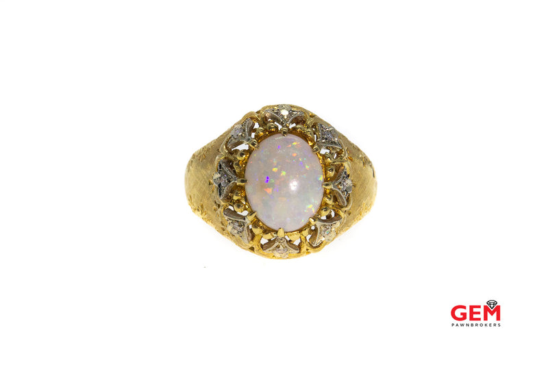Solitaire Opal & Diamond Accent Carved 18K 750 Yellow & White Gold Ring Sz 6 3/4