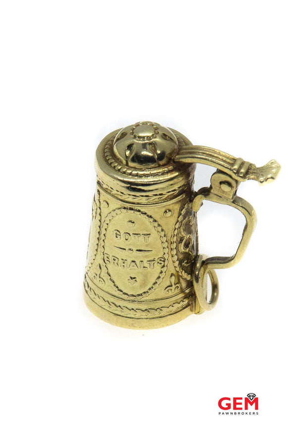 Antique 14K 585 Yellow Gold German Beer Mug Erhaltes Stein Charm