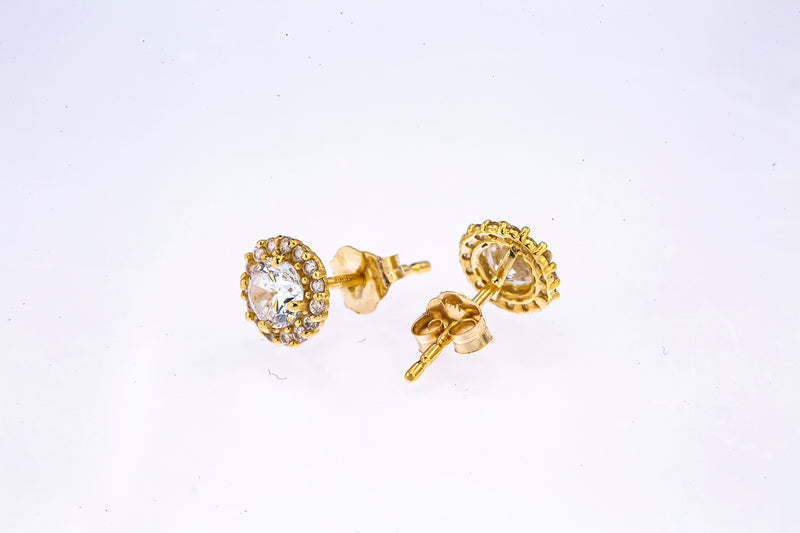 JTS Cubic Zirconia Pave Halo Accent Studs 14K 585 Yellow Gold Pair of Earrings
