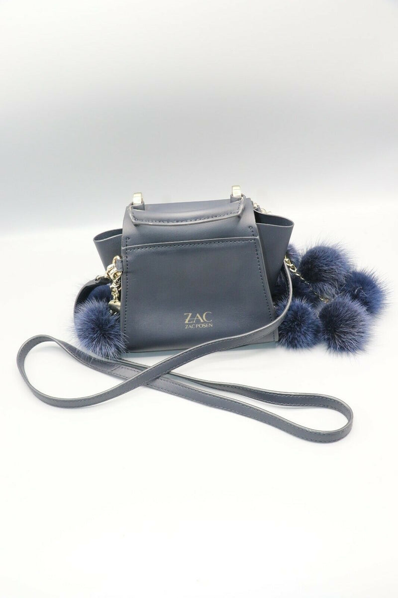 Zac Posen Blue Eartha Iconic Top Handle Fur Pom-pom Mini Leather Crossbody