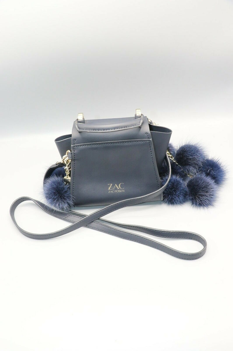 Zac Posen Blue Eartha Iconic Top Handle Fur Pom-pom Mini Leather