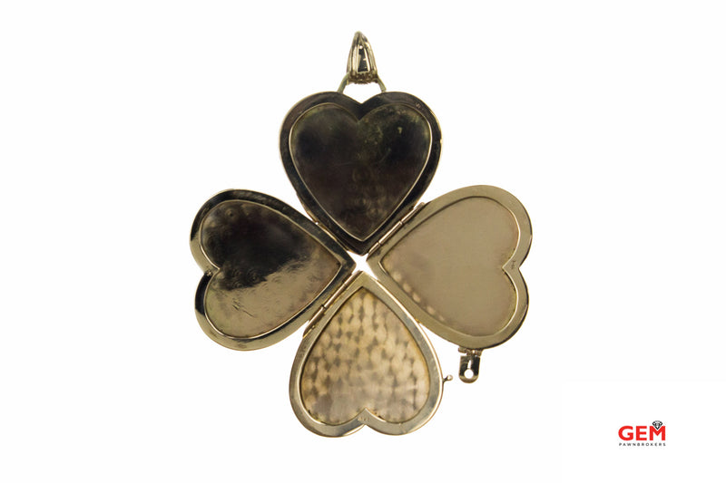 Lucky Four Leaf Clover Heart Fold Locket Charm 14K 585 Yellow Gold Love Pendant